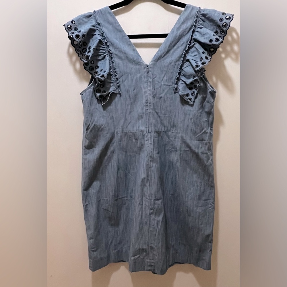 J. Crew Chambray Eyelet Ruffle Sleeve V-Neck sleeveless Sheath Dress Blue 12 - Picture 6 of 10